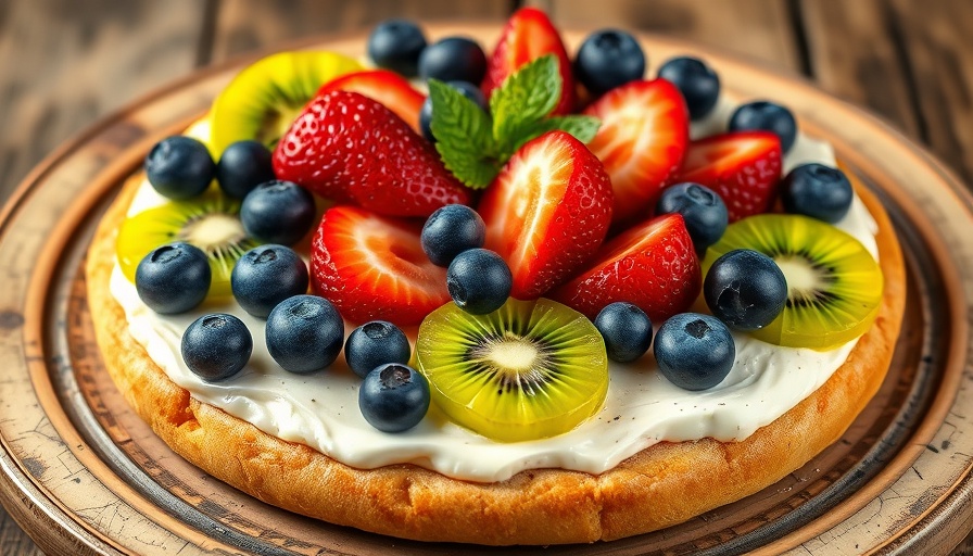 Healthy eating dessert pizza with vibrant fruit.