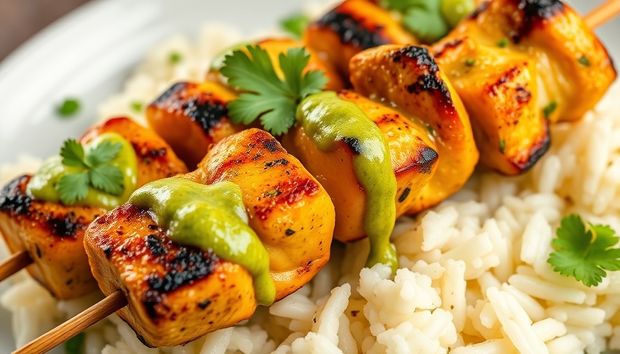 Green Curry Chicken Skewers on rice with cilantro garnish.