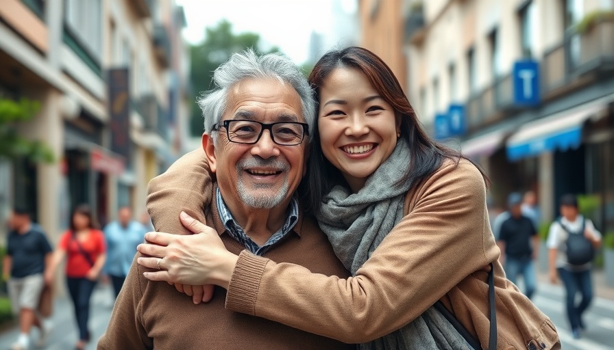 Family caregivers support: Happy woman embracing elderly man on street.