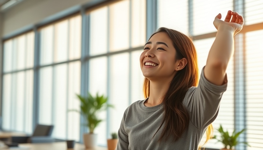 Relaxed young woman in office enjoying pain management strategies.