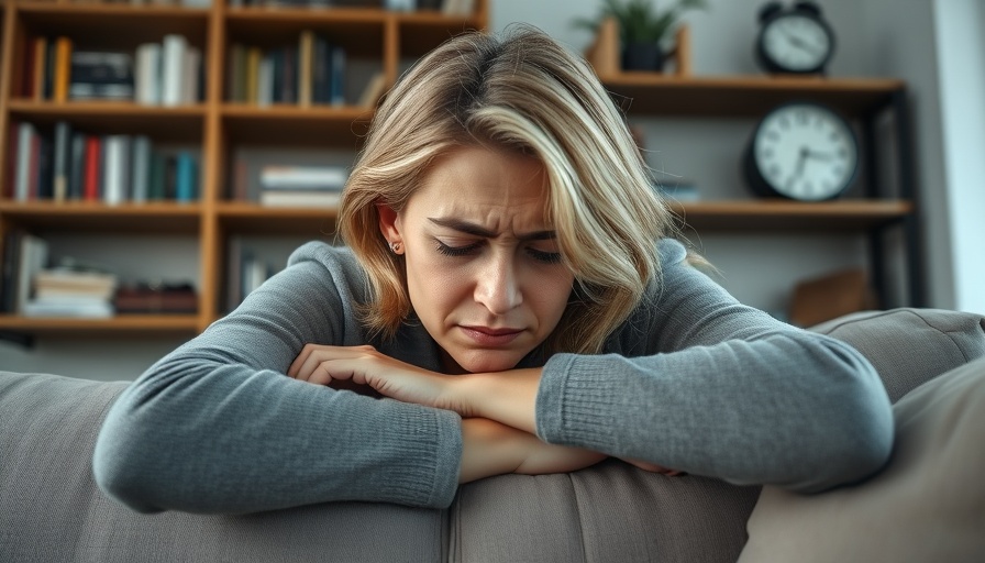 Woman experiencing pain, leaning on sofa in home setting, pain prevention.