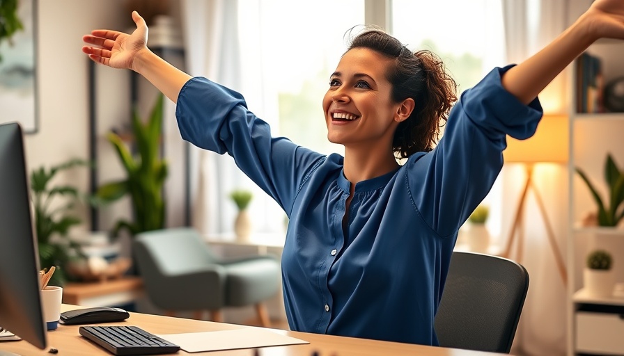 Woman stretches at desk for pain prevention in a cozy home office.