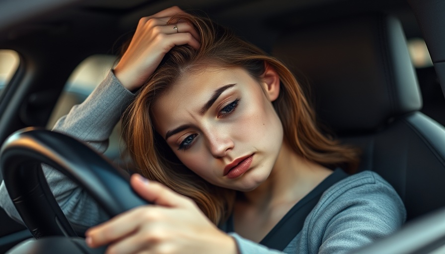 Tired woman resting on steering wheel, highlighting pain prevention.