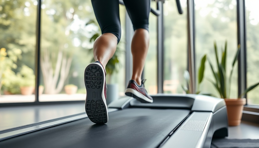 Modern treadmill in a bright home gym with a runner's legs.