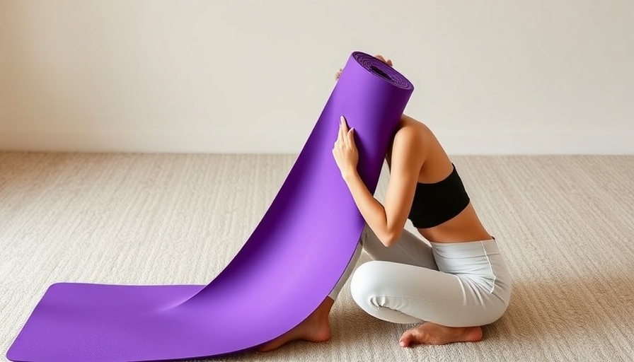 Elegant woman with purple yoga mat for Hatha Surya Namaskara practice.