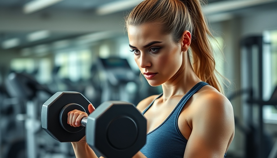 Athletic woman performing bicep dumbbell exercises in a gym.