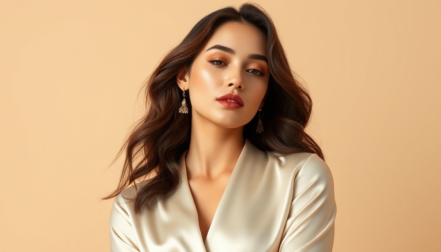 Elegant woman in cream silk outfit posing gracefully, photorealistic.