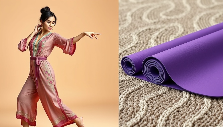 Hatha Surya Namaskara yoga mats with elegant woman and purple mat.