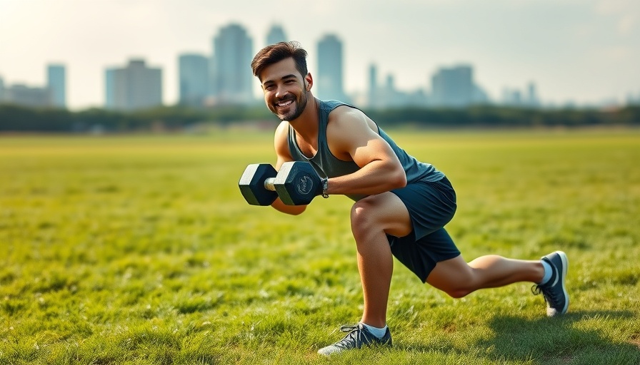Fit man doing lunges with a dumbbell in a park, fat-burning finishers.