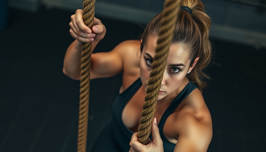Determined woman climbing rope in a gym for rope climbing beginners.