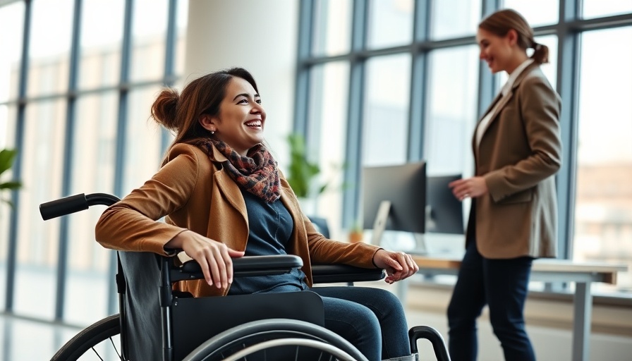 Woman in wheelchair smiling in office, discussing with colleague.