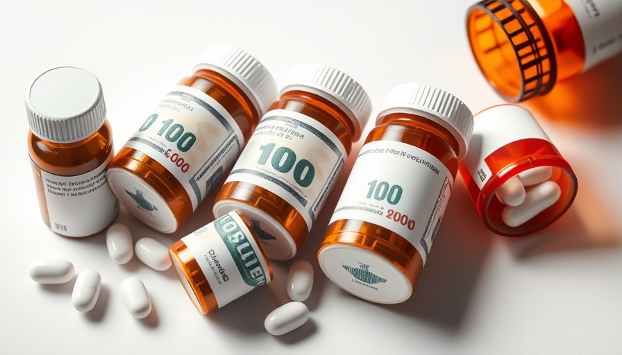 Symbolic pill bottles wrapped in currency, representing drug prices.