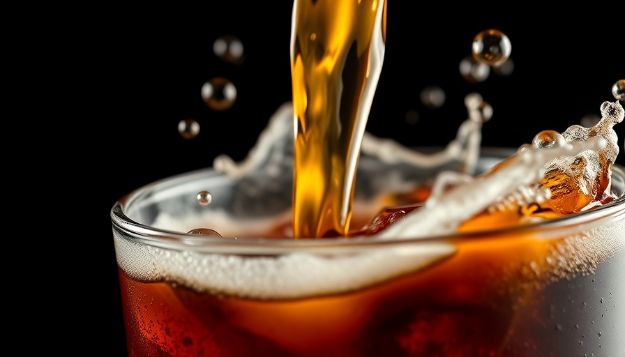 Effervescent cola being poured into a glass, illustrating concept of soft drinks weaken bones.