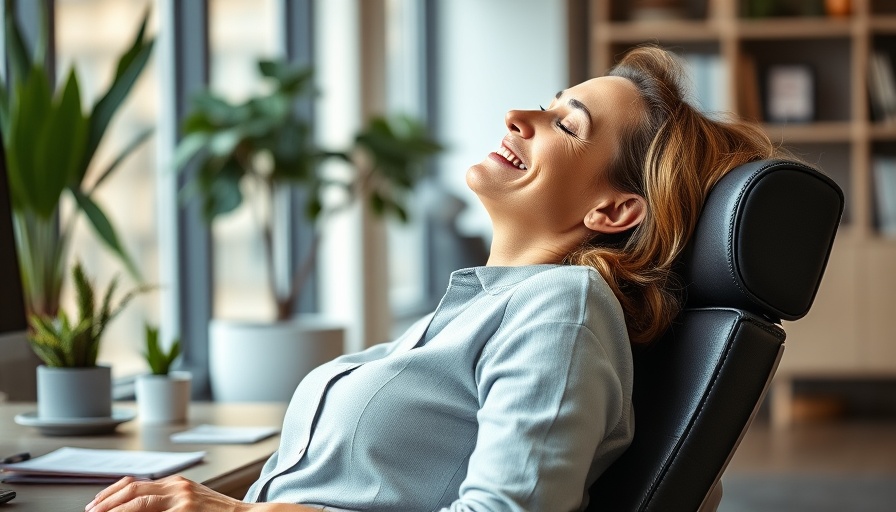 Woman finding sciatic nerve pain relief through relaxation in office.