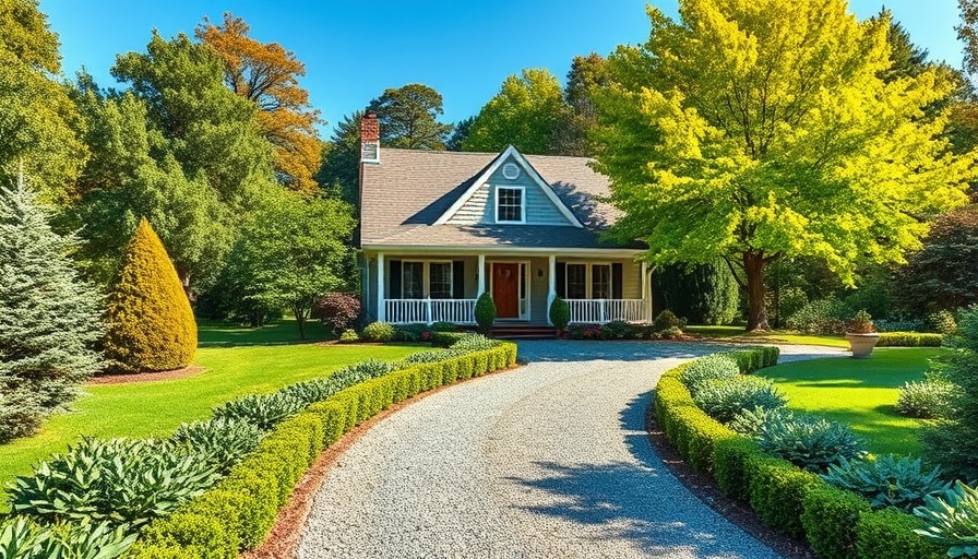 Suburban house with lush perennial garden and driveway.