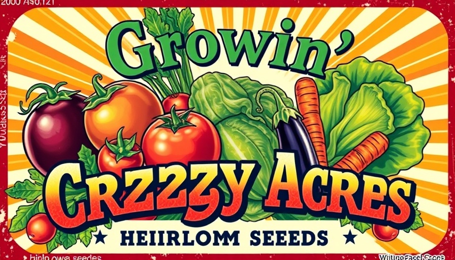 Vintage seed packet design with assorted vegetables and bold text.