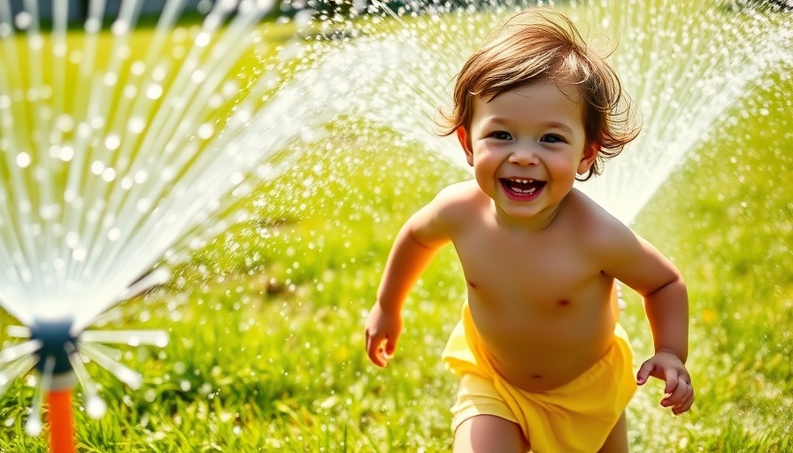 Child rediscovering joy in everyday life, running through sprinkler