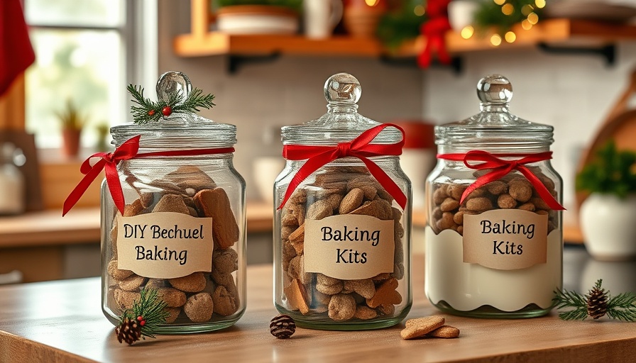Festive DIY baking kits in jars, decorated with ribbons and tags.
