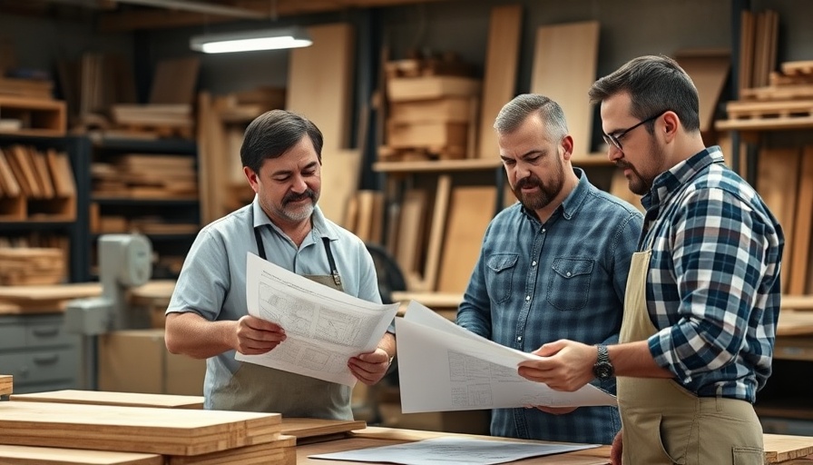 Professionals in workshop planning storage features for custom kitchen cabinets.