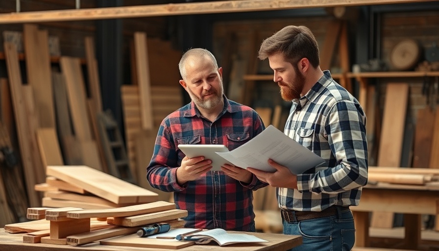 Professionals discussing custom kitchen cabinets in a workshop.