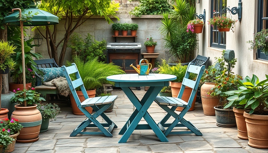Rustic garden with vintage table, chair, and potted plants