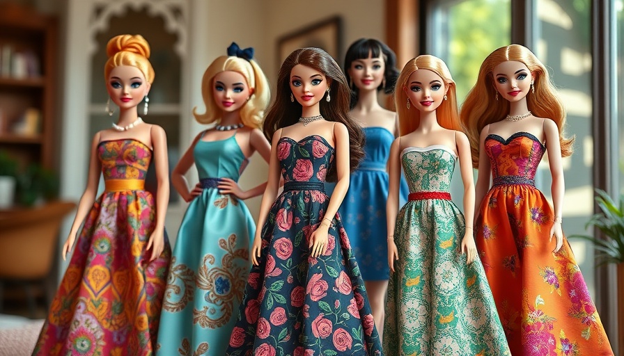 Handmade Barbie doll sewing patterns displayed in vibrant outfits.