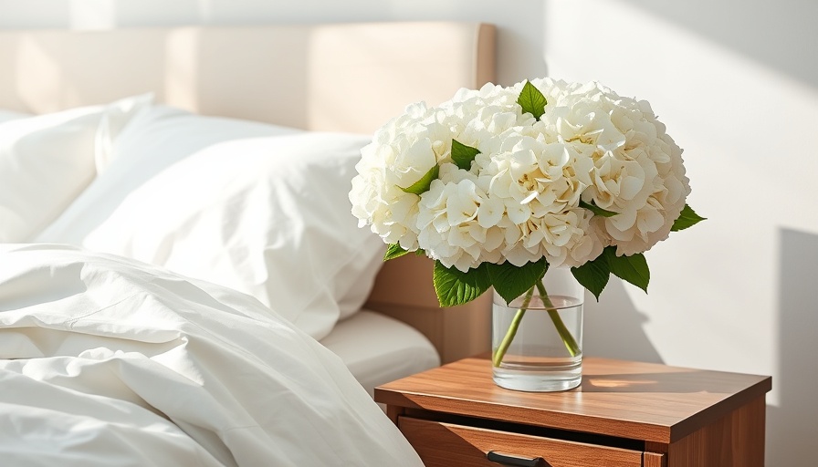 Minimalist summer bedroom with white bedding and flowers.