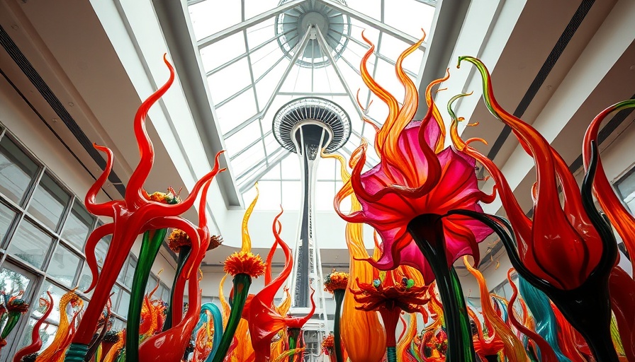 Vibrant glass art installation view with Space Needle backdrop.