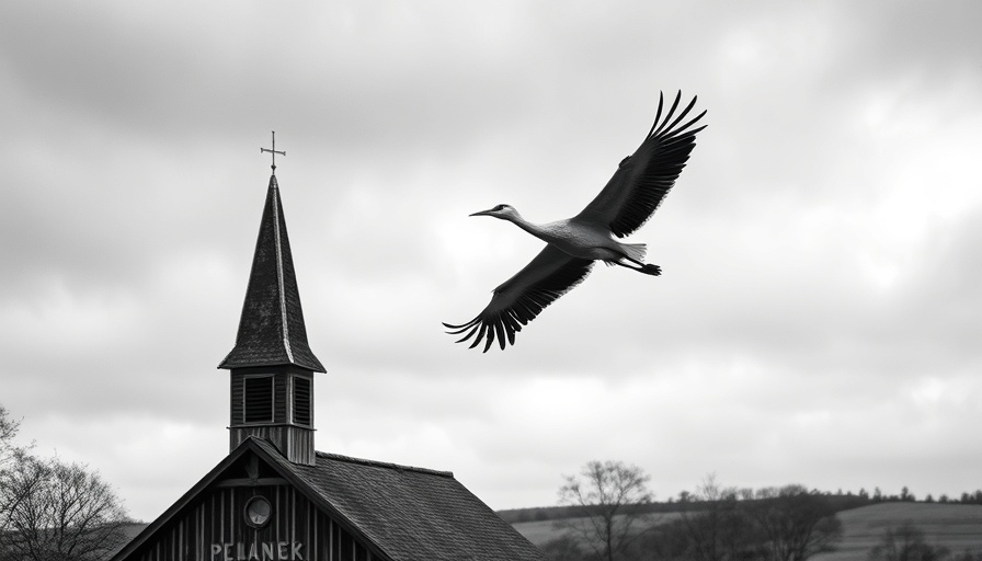 The Crane Church United Methodism: Crane soaring above church in monochrome.