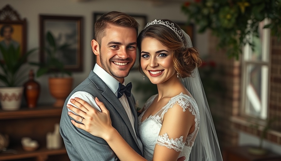 Vintage wedding couple embracing indoors, Fifty Years of Marriage Celebration.