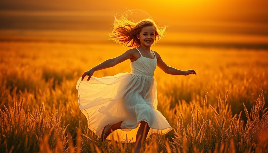 Children of the Day: Enchanting girl in field at sunset with clock overlay.