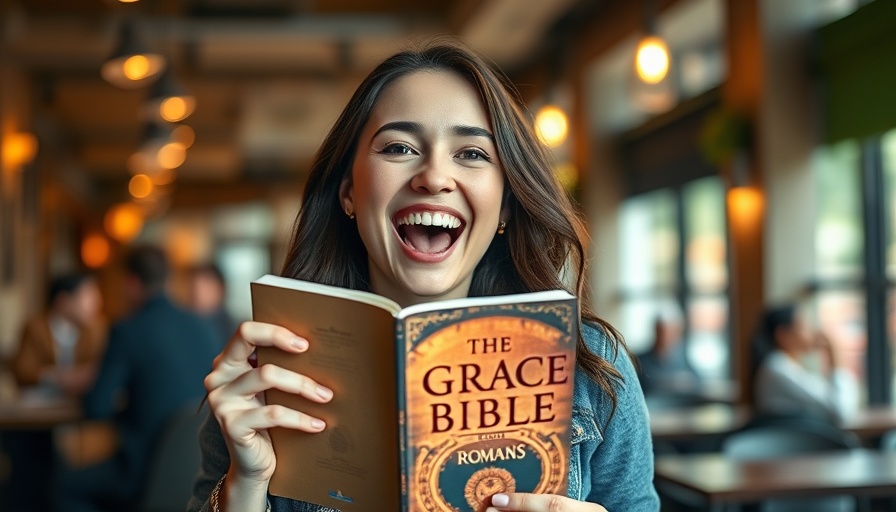 Young woman excitedly holding 'The Grace Bible: Romans' in a cafe.