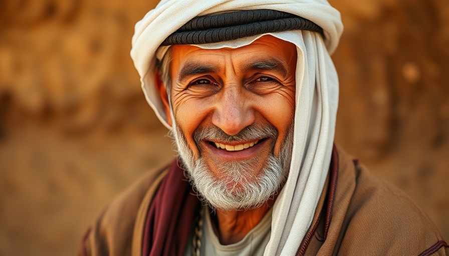 Abraham the believer, elderly man smiling warmly, traditional attire.