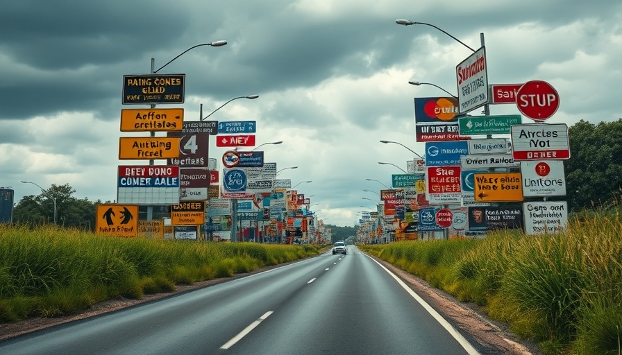 Confusing path of road signs symbolizing choices.