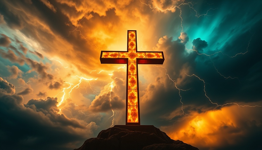 Righteousness of God in Romans 1:17 depicted with a glowing cross and stormy clouds.