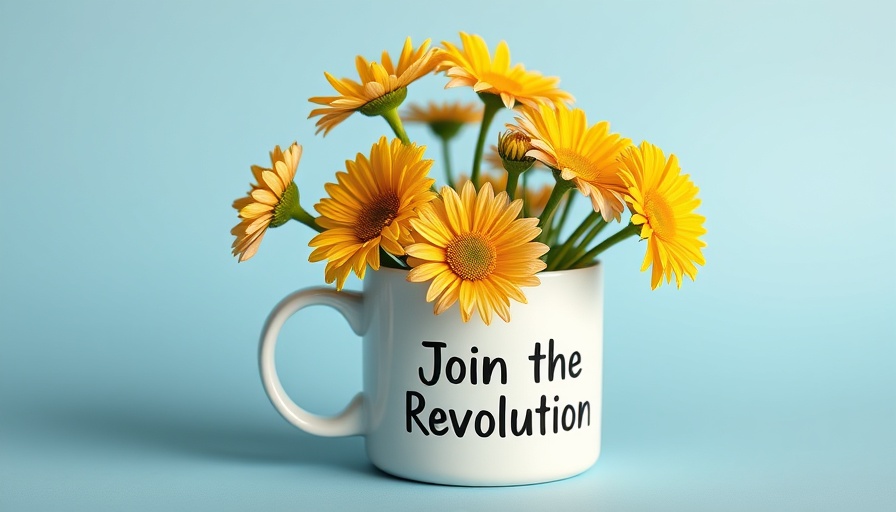 White mug with daisies, inspiring text on blue backdrop