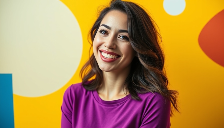 Smiling woman in purple top discussing life purpose on vibrant background.