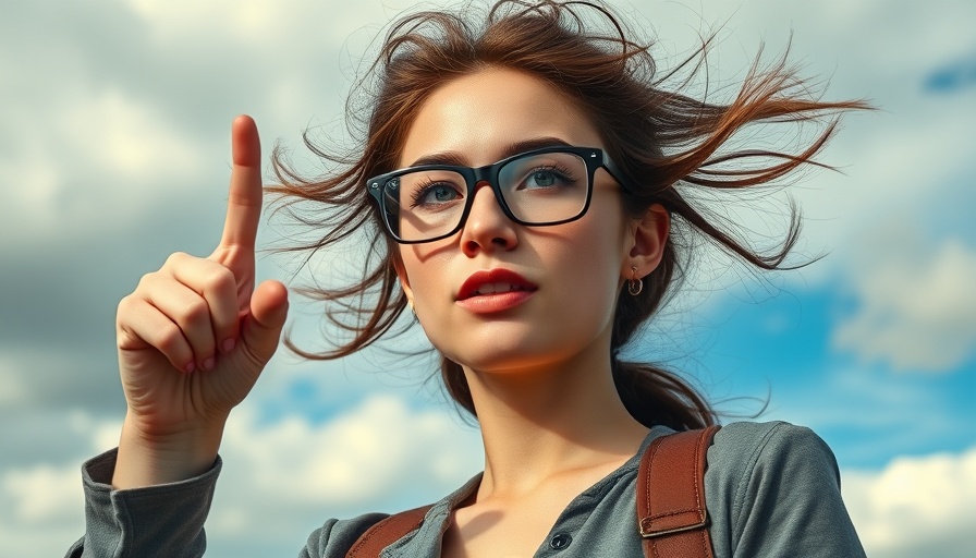 Young woman regaining confidence in self, pointing skyward.