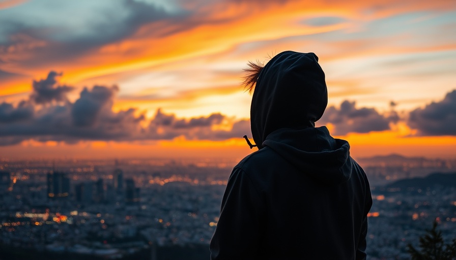 Silhouette on mountain overlooking cityscape at sunset, psychology of motivation.