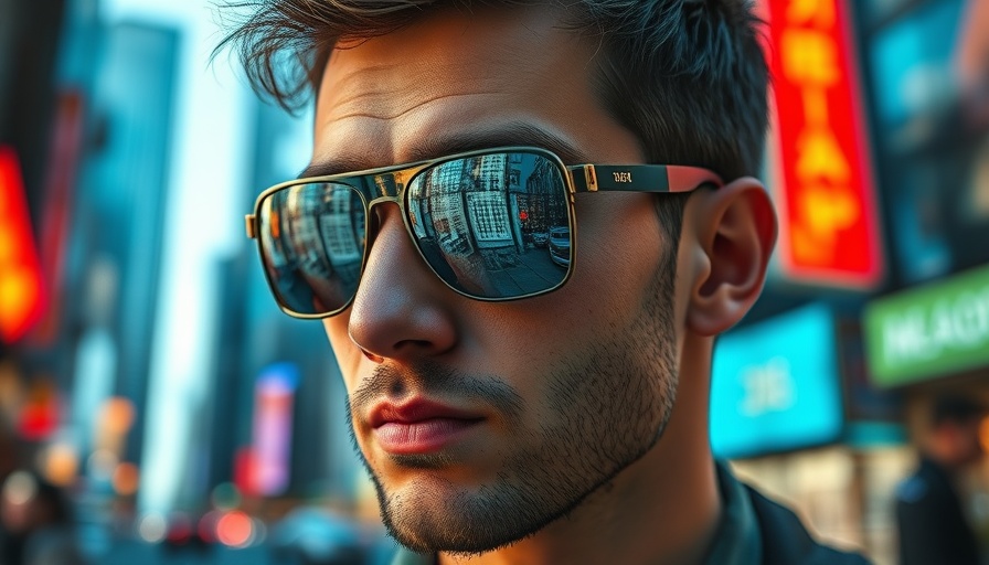 Reflective man with sunglasses in urban setting.