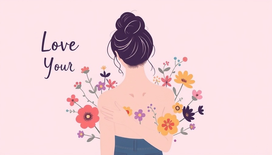 Minimalist woman illustration, embracing self, with flowers and text, listening to my body.