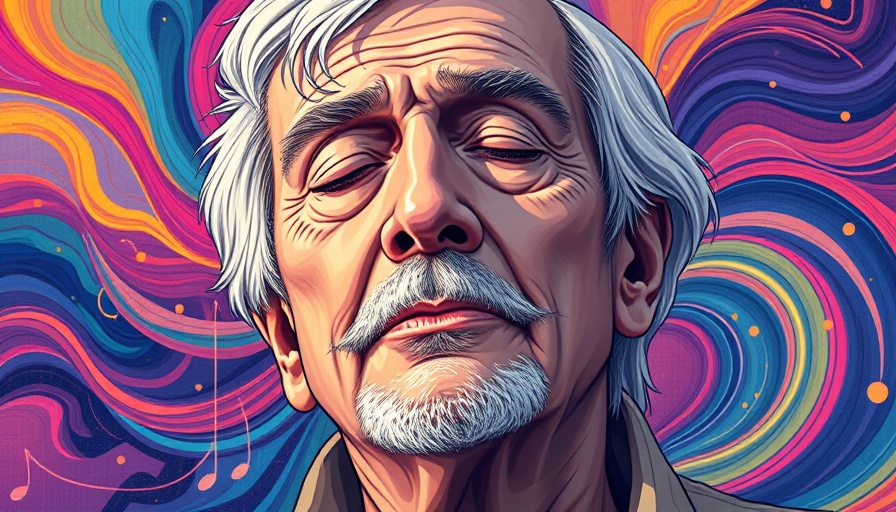 Elderly man finding presence through sound and faith, colorful illustration.