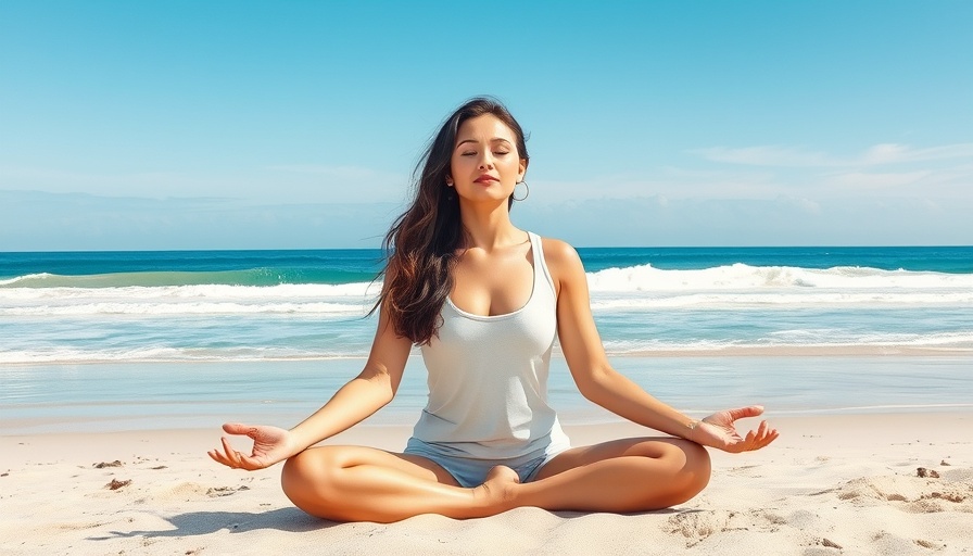 Serene woman practicing yoga on a beach, healing through yoga.