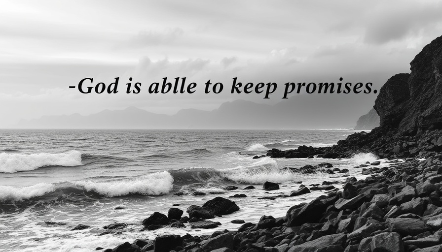 Grayscale seascape with text 'God is able to keep promises'.