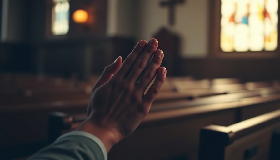 Hands in prayer contemplating God's will for my life in dim church.