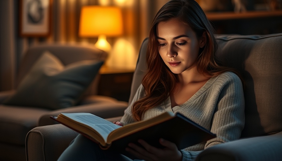 Calm young woman reading an open Bible in a cozy living room.