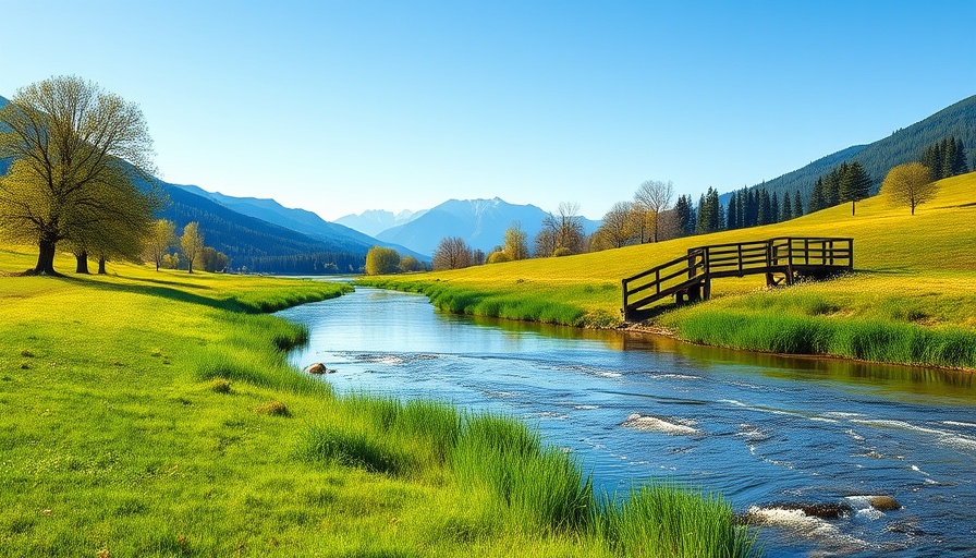 Serene landscape of river and meadow under clear sky.