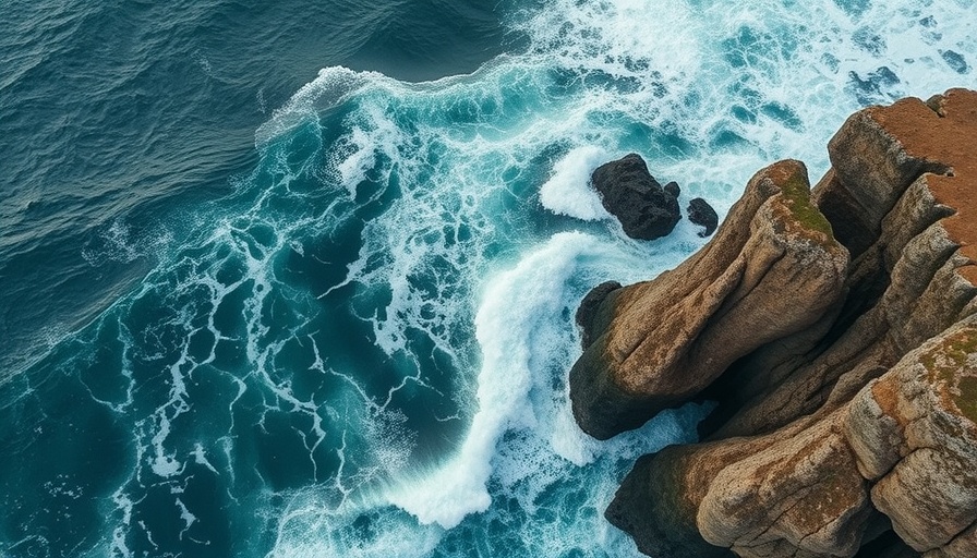 Cliffs and ocean waves in dramatic scene, live courageously theme.