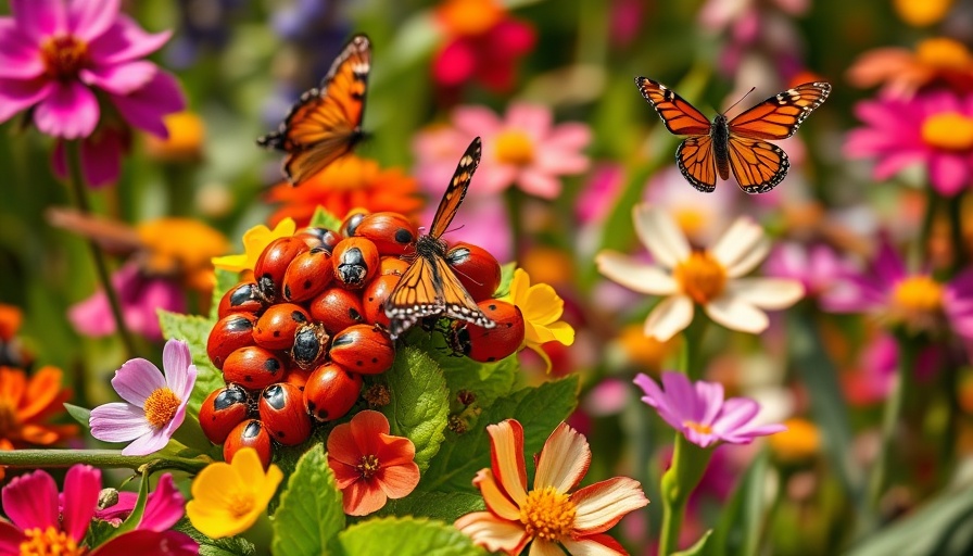 Ladybugs and butterflies thriving in a colorful garden, showcasing beneficial insects.