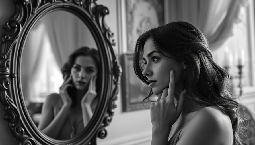 Young woman contemplating RF skin resurfacing, touching face in mirror.